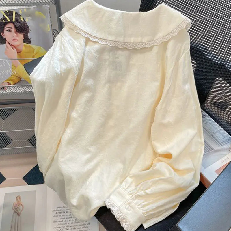 Japanese Style Peter Pan Collar Lace Blouse | Sweet Long Sleeve Loose Button Shirt for Women