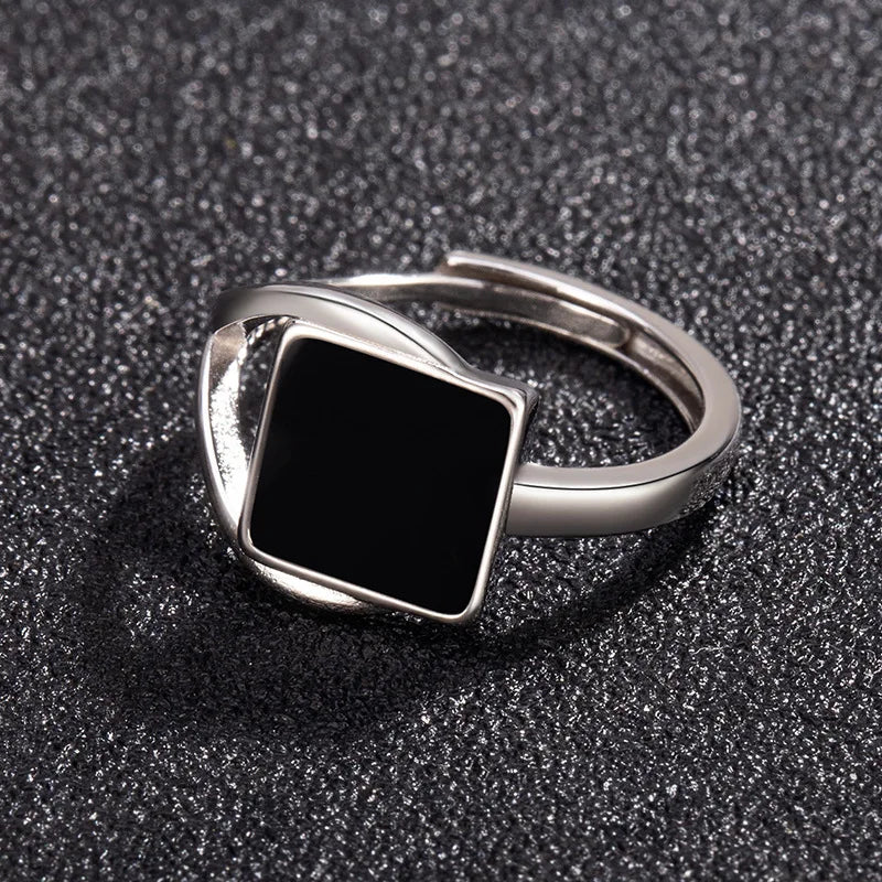 Adjustable Black Onyx Square Opening Ring – Geometric Skeleton Design Fashion Jewelry for Women & Men