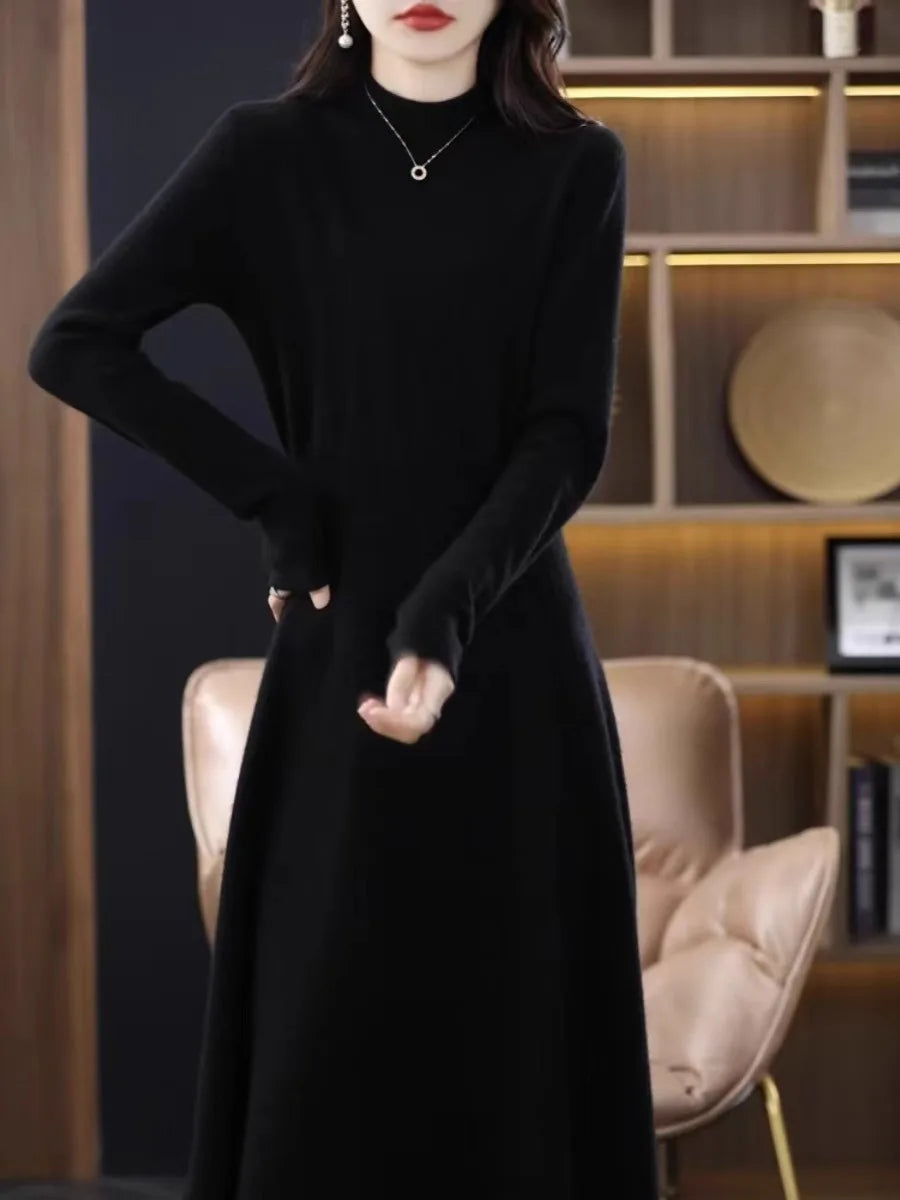 Women’s Mid-Length Knitted Wool Dress – High Collar Long Sleeve Casual Autumn Commute Dress for Ladies