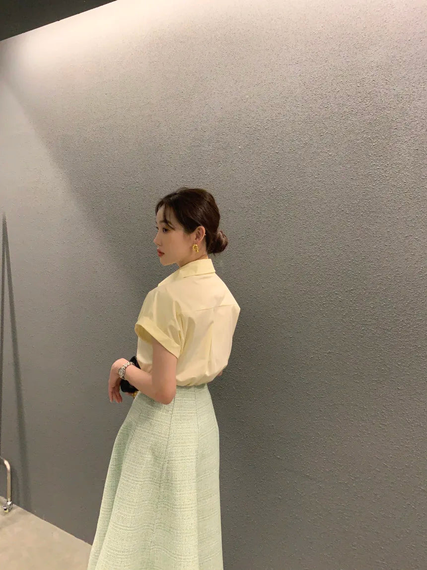 Chic Summer Loose Women’s Shirt | Classic Pure Color Professional Blouse with Small Lapel Collar