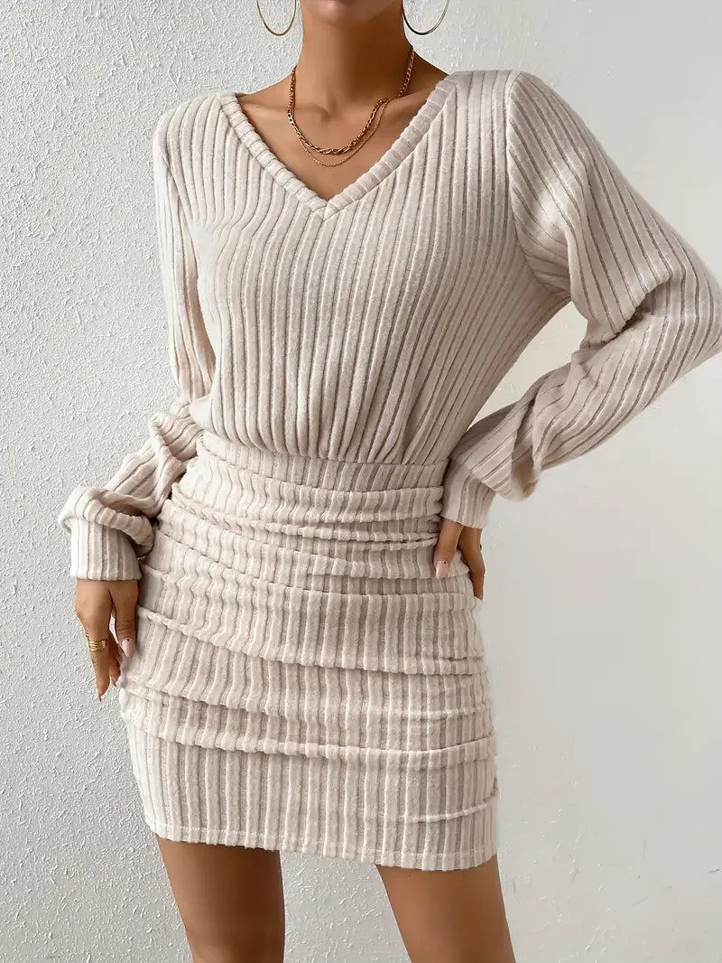 Women’s Autumn Winter Knitted Sweater Mini Dress – Casual Solid Wrap V-Neck Long Sleeve Warm Bodycon Short Dress