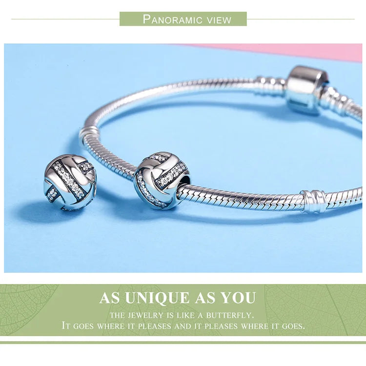 BISAER 925 Sterling Silver Ball Series Charms – Football, Volleyball, Tennis & Basketball Beads Fit Pandora Bracelet DIY Jewelry