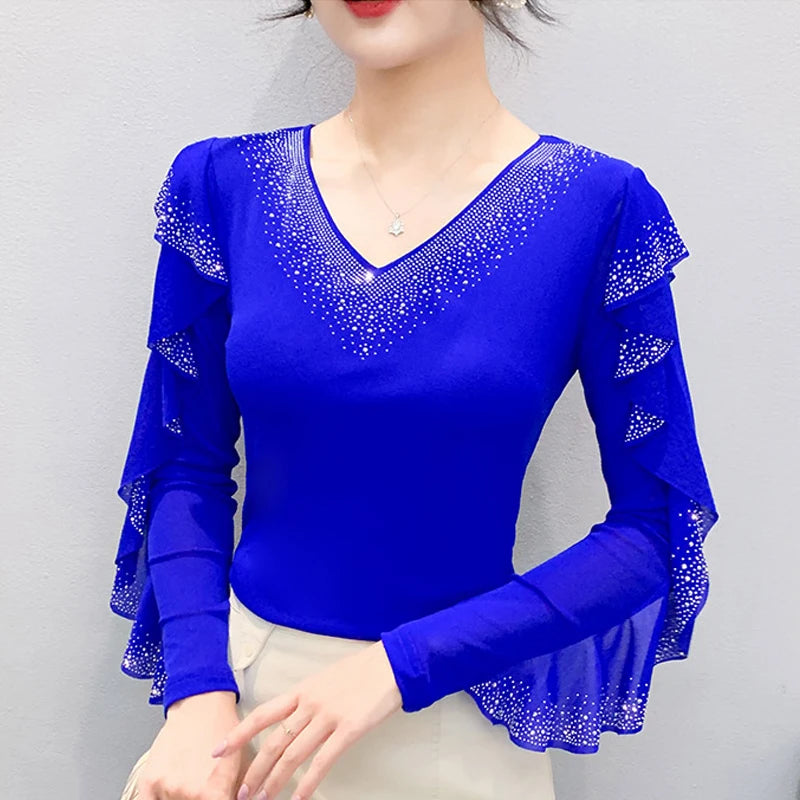 2025 Autumn Women’s Mesh Top – Korean Round Neck Ruffles & Diamond Detail Long Sleeve T-Shirt 🍂✨