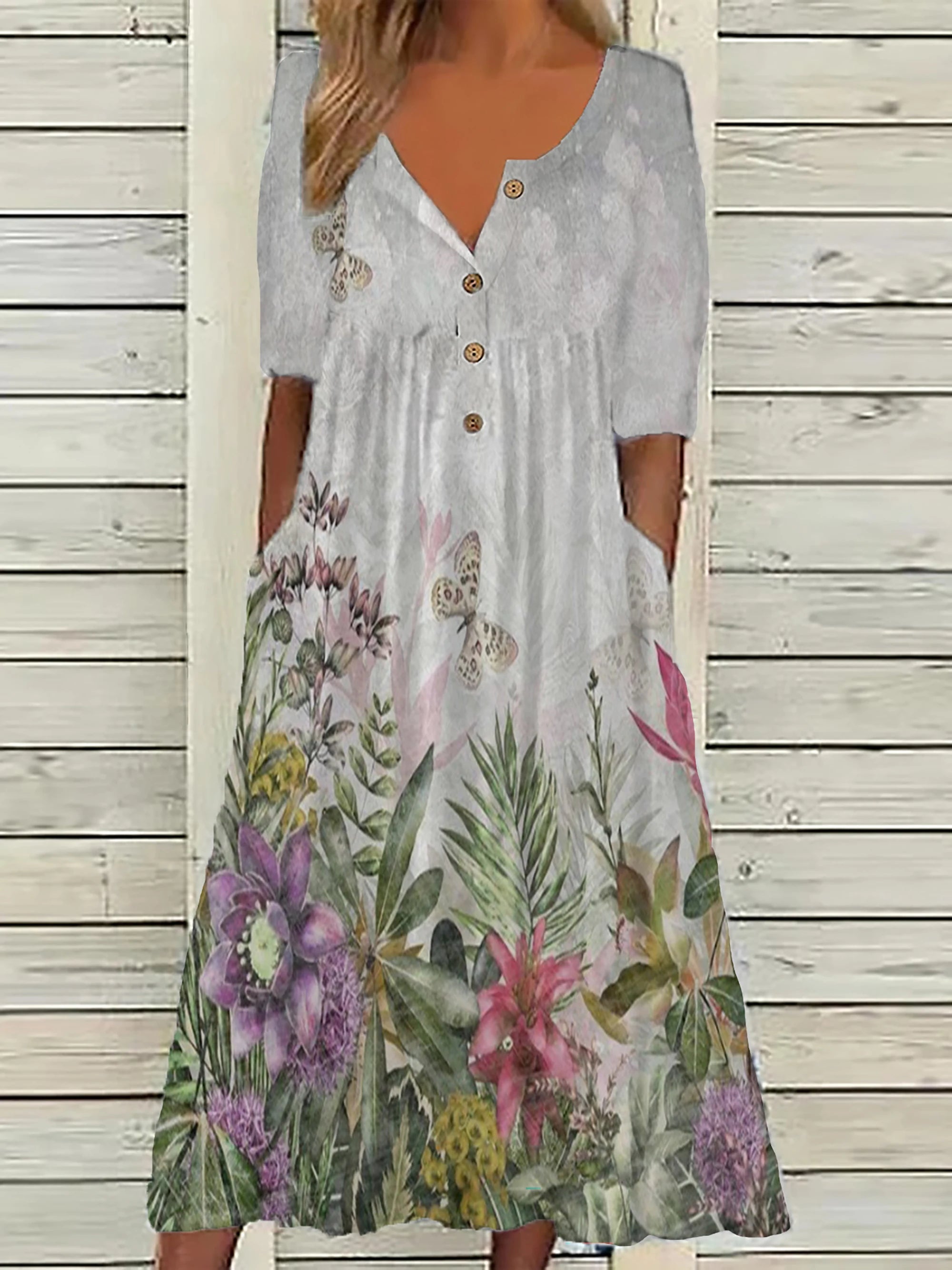 2024 Spring Plus Size Women’s Printed V-Neck Button Top – Short Sleeve Fashion Blouse with Pockets | European & American Style