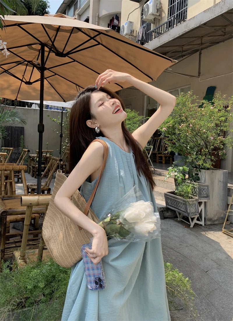 Summer Women’s Beach Vacation Dress – Sleeveless A-Line Midi Gown with Folded Skirt & Slimming Fit