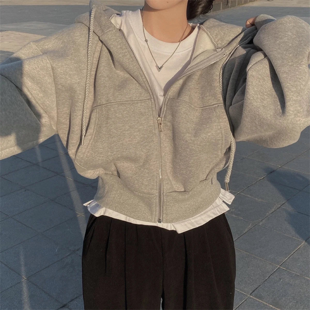 Women's Oversized Zip Up Hoodie | Retro Solid Color Sweatshirt | Autumn Harajuku Loose Short Jacket