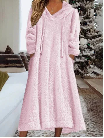 Autumn Winter Plush Hooded Maxi Dress for Women – Warm Casual Home Wear Loose Long Sleeve Comfort Dress | Robe Femme