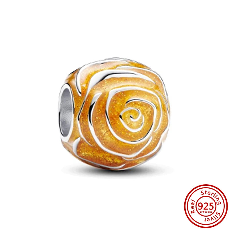 925 Silver Golden Bees & Yellow Roses Dangle Charm | Fit Original Bracelet Jewelry Gift