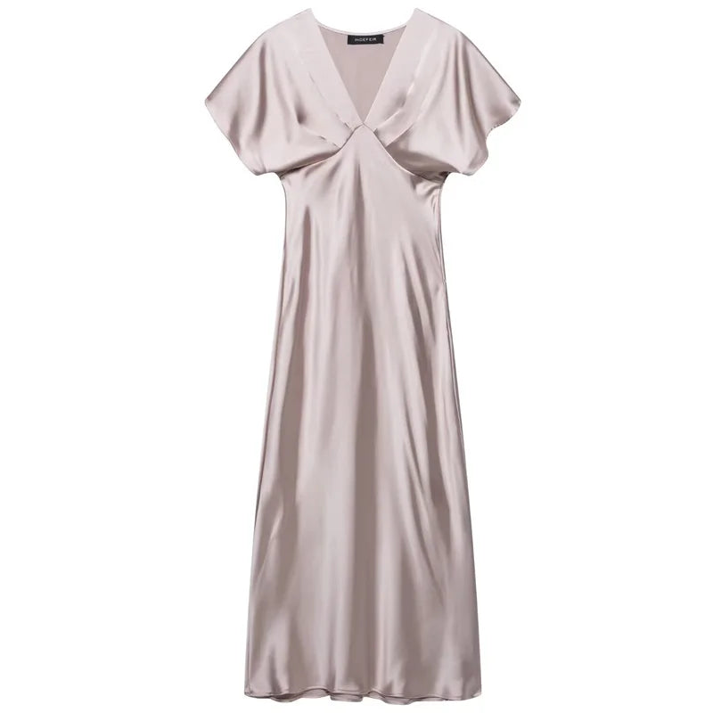 HXAO Midi Satin Dress for Women – Ruffled V-Neck Bat Sleeve Party Dress | Summer 2025 Black, Khaki, Blue Vestido