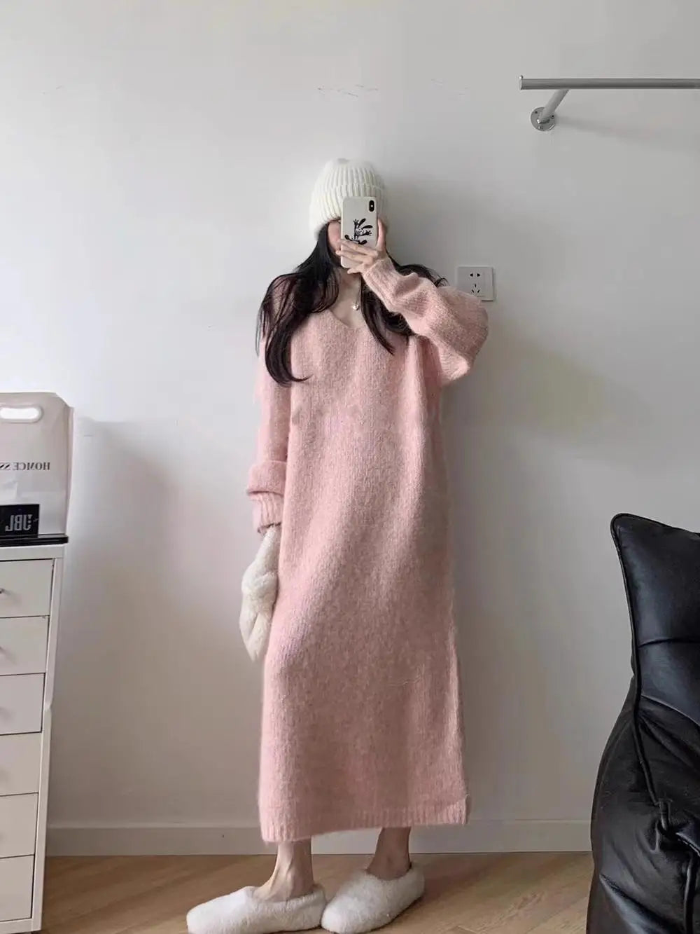 Ladies’ Thick Long Knitted Dress | Korean Style Loose Waist V-Neck H-Line Base Layer Dress | Autumn Winter New Arrival