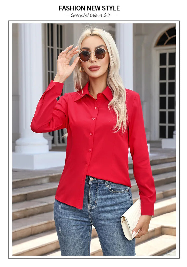 Women’s Solid Color Long Sleeve Shirt – Spring Autumn Casual Turn-Down Collar Loose Top