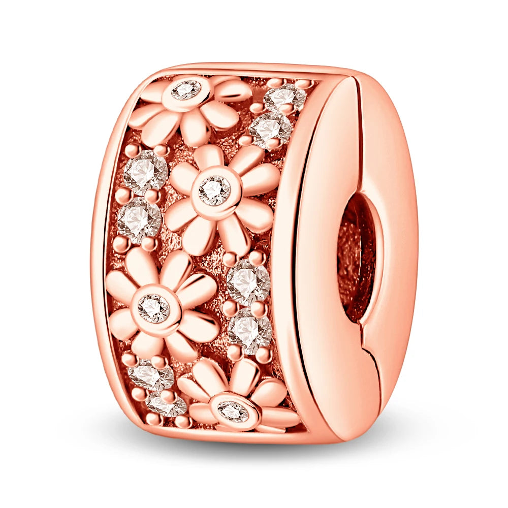 925 Sterling Silver Pave Clip Charms with Safety Chain | Colored Beads Stopper Clasp Fit Original Pandora Bracelet Jewelry