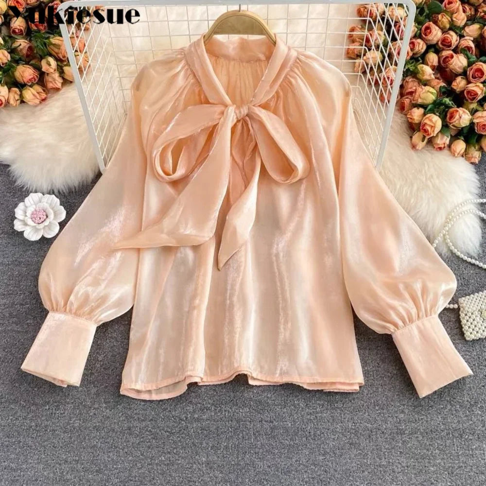 Spring Autumn Korean Harajuku Women’s Top – Bowknot Lantern Sleeve Loose Solid Shirt 🌸👚✨