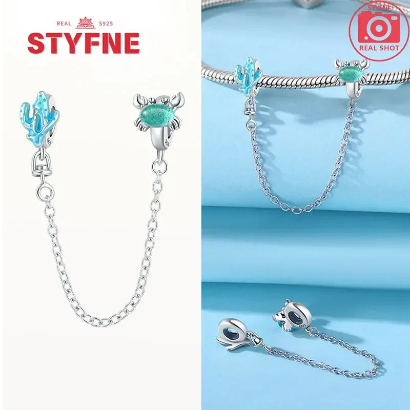 S925 Silver Cute Cat Heart Bead Safety Chain Fit Original Bracelet