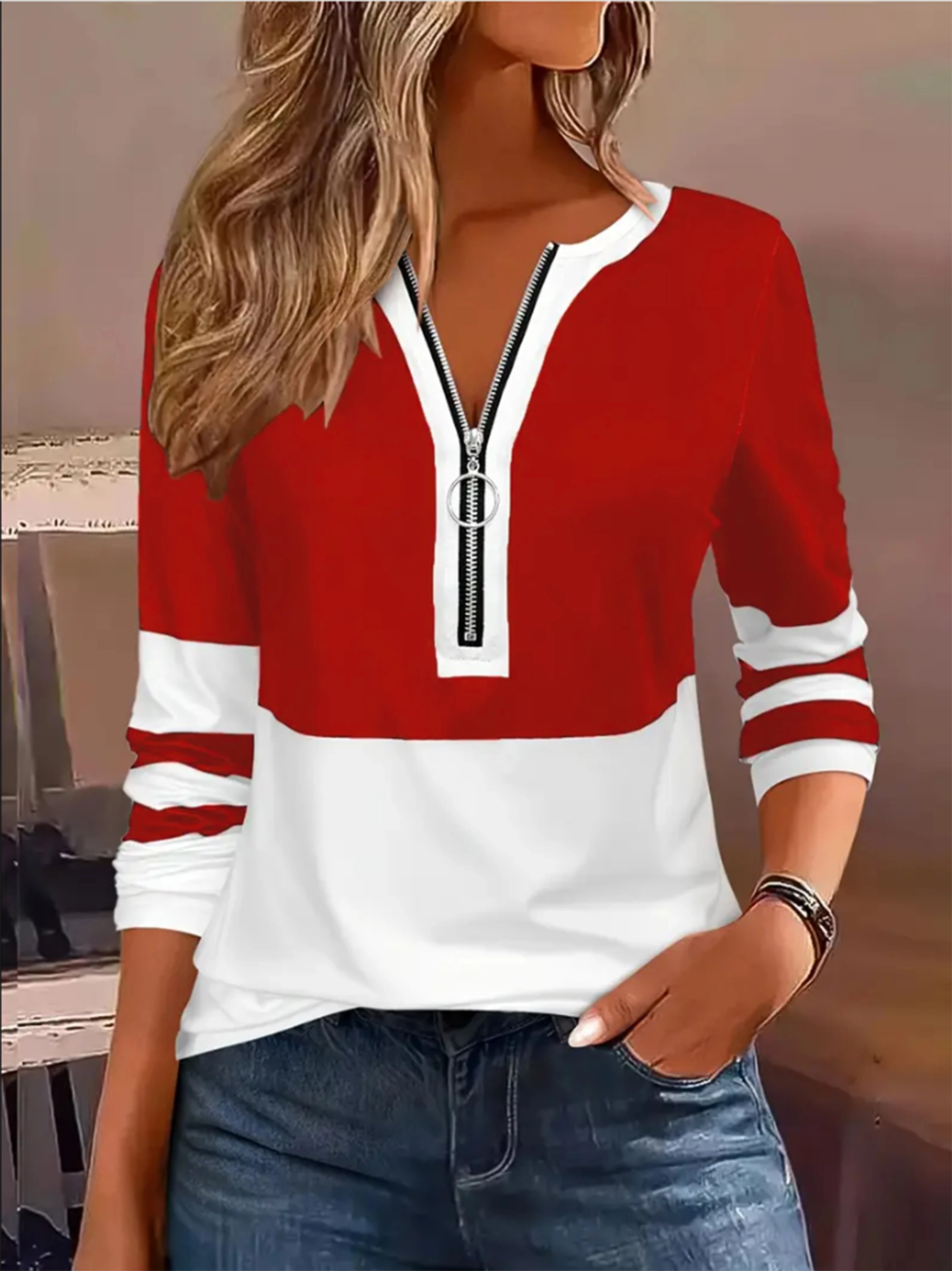 Plus Size Long Sleeve T-Shirt – Geometric Stripes & Color Block Ring Zipper Fall Fashion 🍂👚