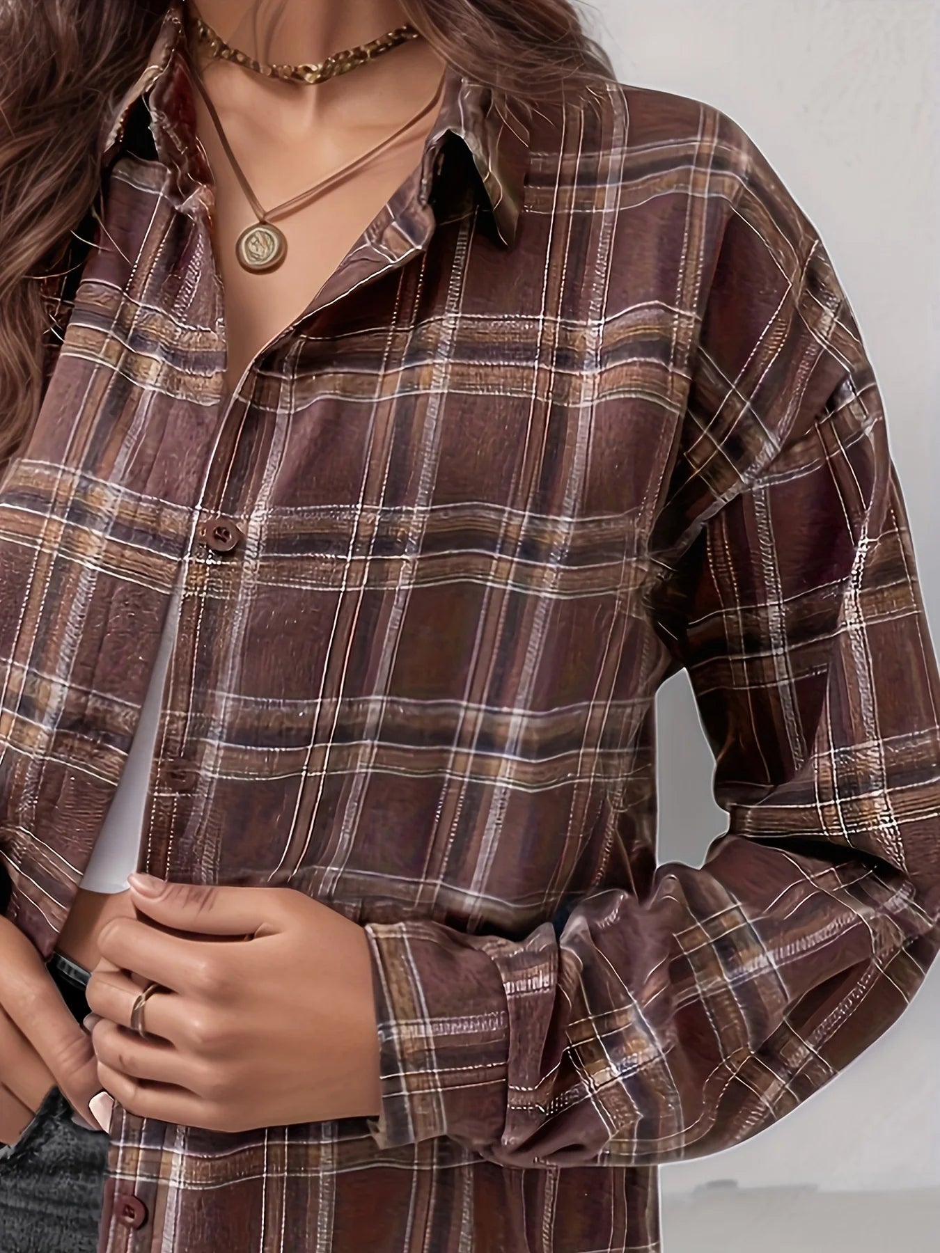 Elegant Casual Long Plaid Shirt – Shoulder Drape Button-Up Women’s Top 👚✨