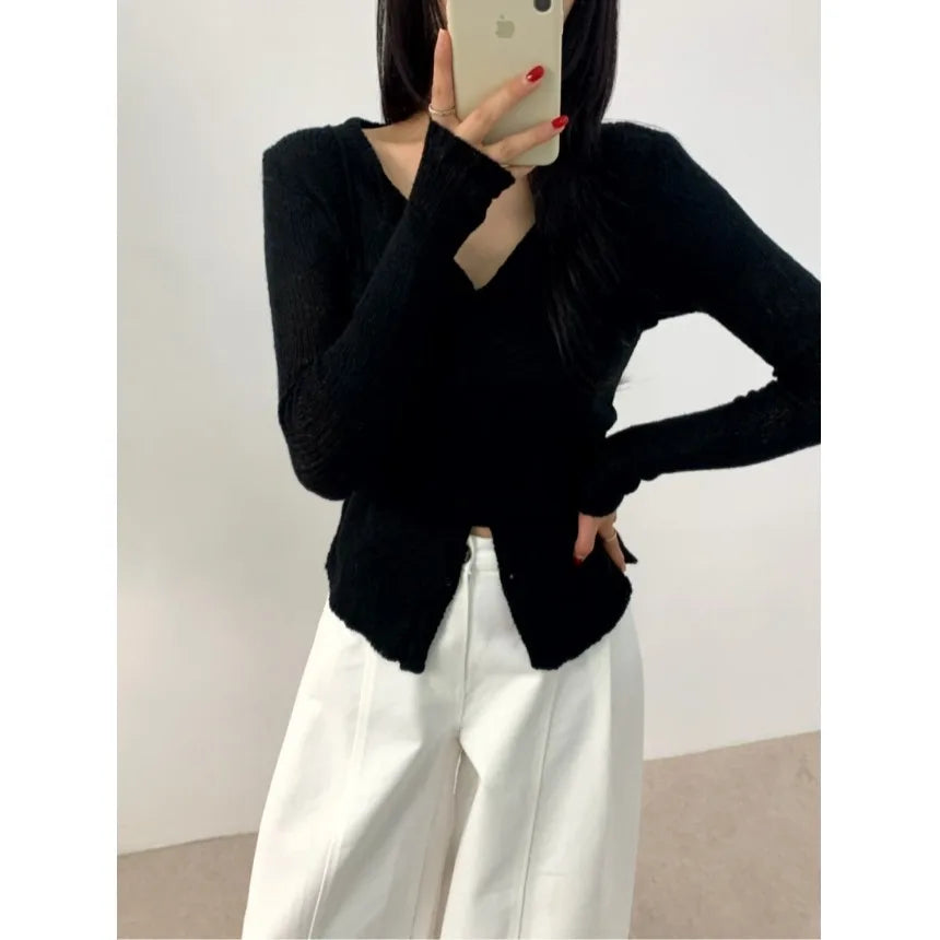 Simple round Ne Button up Knit Sweater Strap Set Casual Sle Polyester Fiber Open Cardigan for Women Autumn Winter ential