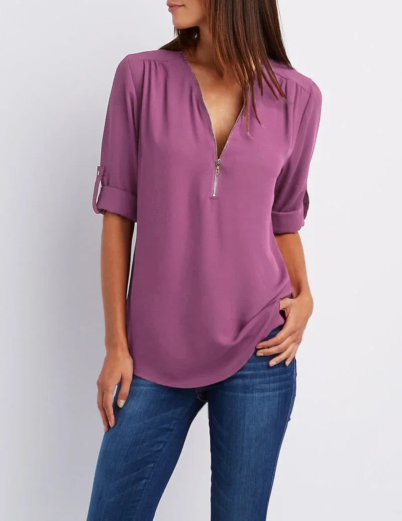 2025 Women’s Chiffon Blouse | Sexy Deep V-Neck Zipper Pullover Loose Fashion Top Plus Size