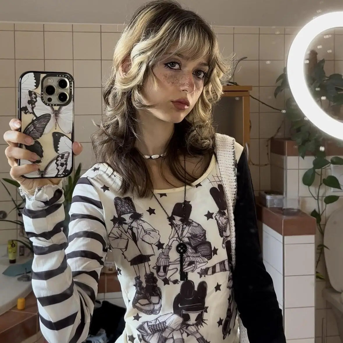 Y2K Star Striped Asymmetric Slim Fit Long Sleeve T-Shirt | Trendy Women’s Street Style Moisture-Wicking Base Top