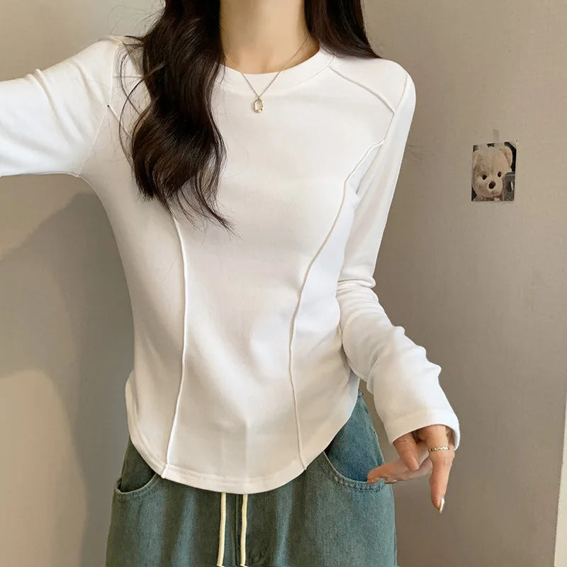 Women's Long Sleeve Velvet Base Shirt 👚 Slim Fit Round Neck T-Shirt ✨ Pure Color Winter Fashionable Top ❄️
