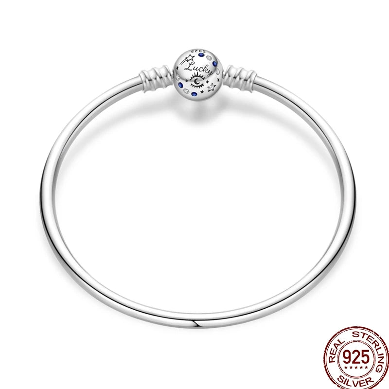 925 Sterling Silver Heart Moon Sun Clasp Charm Bracelet | 17–20CM Original Bracelet for Women | Fits Pandora DIY Beads Jewelry