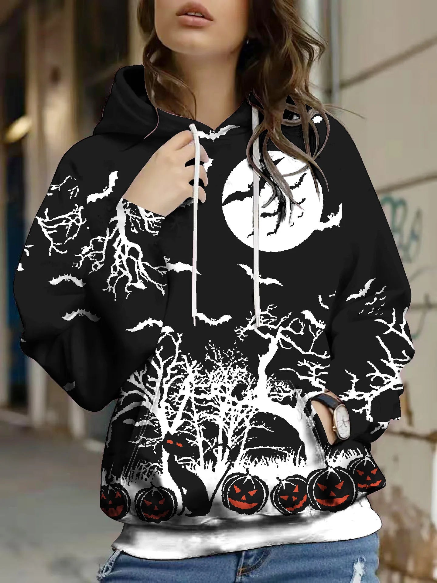 Loose Women’s Sweatshirt Hoodie | Halloween Retro Casual Pullover with Pocket | Long Sleeve Commuter Style