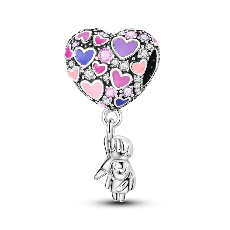 Original 925 Sterling Silver Girls Charms | Love Heart & Family Bead Pendant for Bracelets, Women’s Jewelry Gift