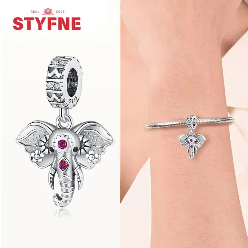 925 Sterling Silver Colorful Zircon Elephant Dangle Charm – Fits Original Pandora Bracelet DIY Fine Jewelry Gift for Women