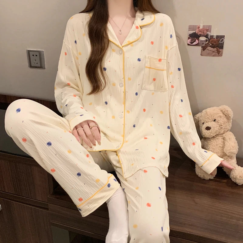 🌸 Pink Bow Pajamas Set for Women 💖 Long Sleeve Top & Elastic Waist Pants 🛌 Harajuku Style Casual Home Wear