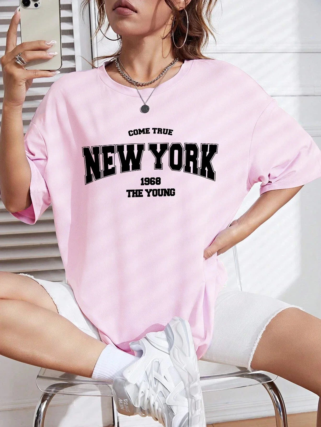 When 1968 New York Oversized T-Shirt for Women | Creative Streetwear Casual Top | Trendy Graphic Daily Tee
