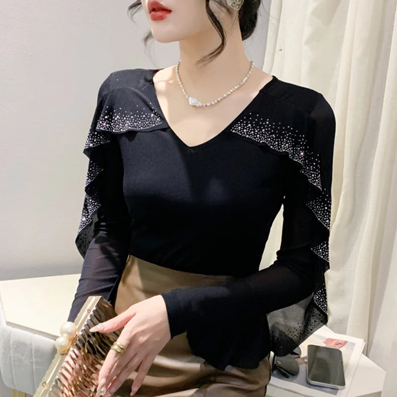 2025 Autumn Women’s Mesh Top – Korean Round Neck Ruffles & Diamond Detail Long Sleeve T-Shirt 🍂✨