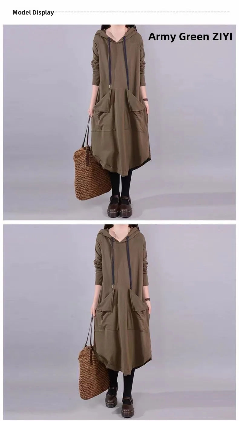 Artistic Loose Midi Dress for Plus Size Women | Autumn Hooded Long Sleeve Polyester Fiber Dress | Casual Commute Fashionable