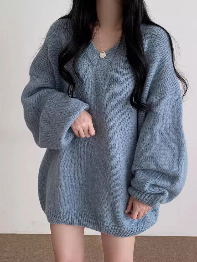 Soft Cozy Knitwear Women’s Loose Sleeve Sweater – Autumn Winter New Fashion V-Neck Long Sleeve Korean Commute Outerwear