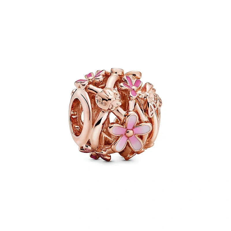 925 Sterling Silver Rose Gold Pink Daisy Charm – Zircon Bead Fit Pandora Bracelet Luxury Jewelry Gift for Women