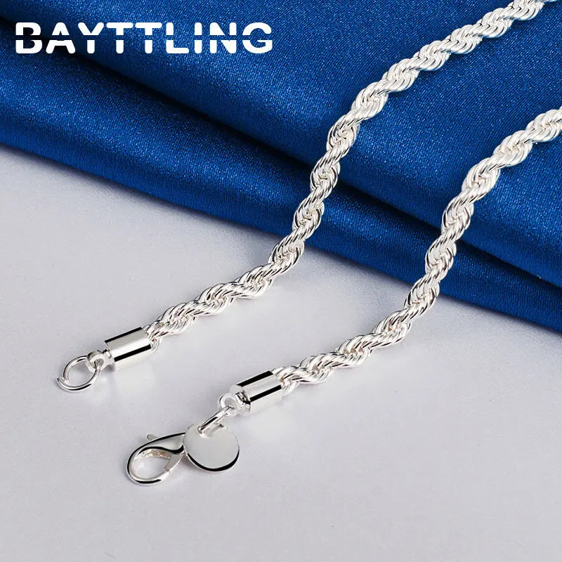 Charm 925 Sterling Silver 4MM Rope Chain Necklace & Bracelet Set – Men Women Fashion Wedding Jewelry Gift