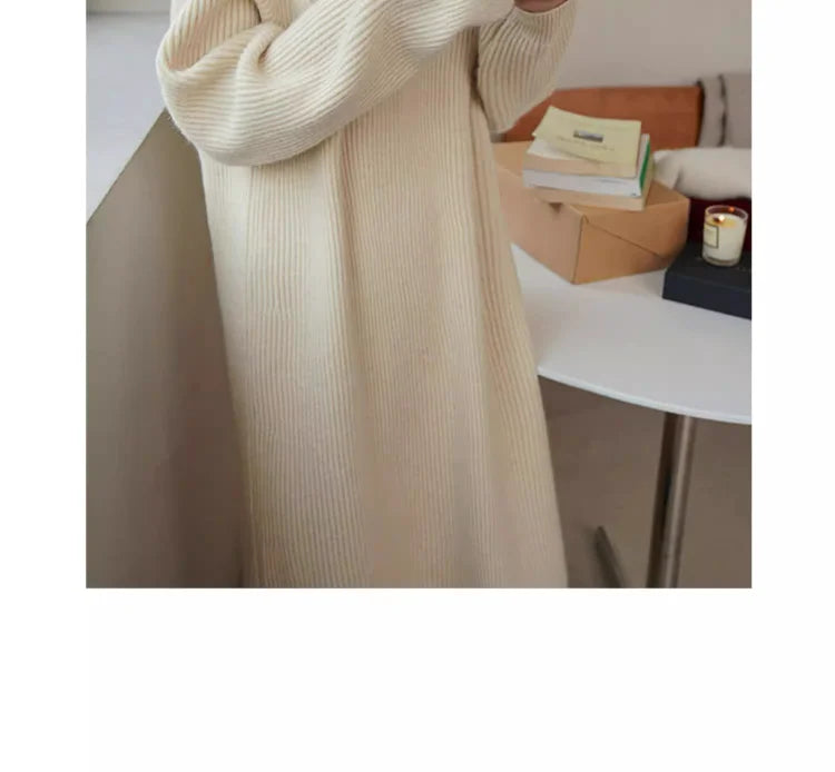 Plus Size Women's Knitted Midi Dress – Casual Loose Waist H-Shape Straight Tube Skirt, Long Sleeve Pure Color Polyester Fiber