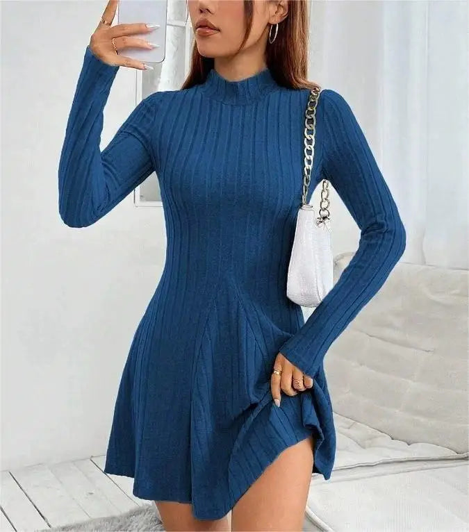 Women’s Slim Fit Half High Collar Dress – Waist Cinched A-Line Pit Stripe Long Sleeve Elegant Autumn Winter Dress
