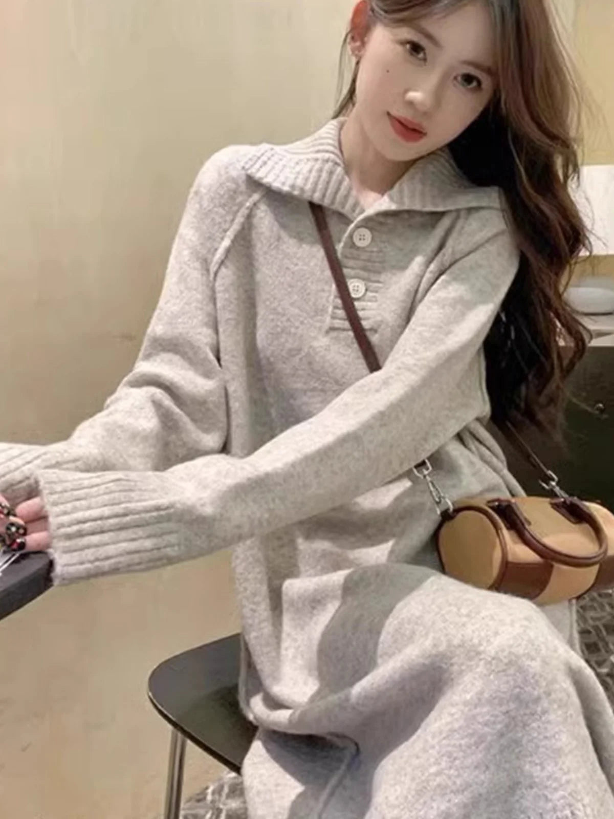 Women’s V-Neck Knitted Dress – Loose Fit Mid-Length Knee-Over Sweater Dress, Autumn Winter Base Layer Inner Wear