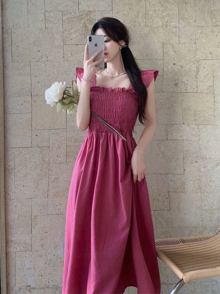 Summer 2025 Ele Hepburn Sle Tea Break Midi Dr Gathered Waist ort Sve Square Collar Pleated A-Line Dr