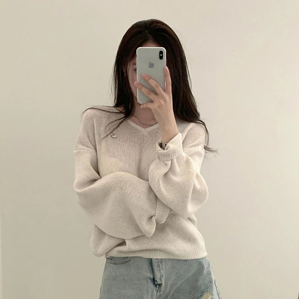 Loose Women’s Knitwear V-Neck Long Sleeve T-Shirt – Casual Comfortable Fashionable Autumn Top New Arrival