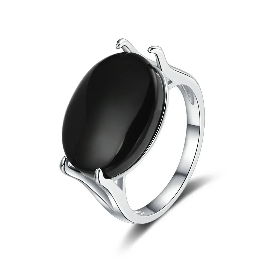 925 Sterling Silver Oval Black Agate Ring – Vintage Natural Gemstone Jewelry for Men & Women Party Gifts