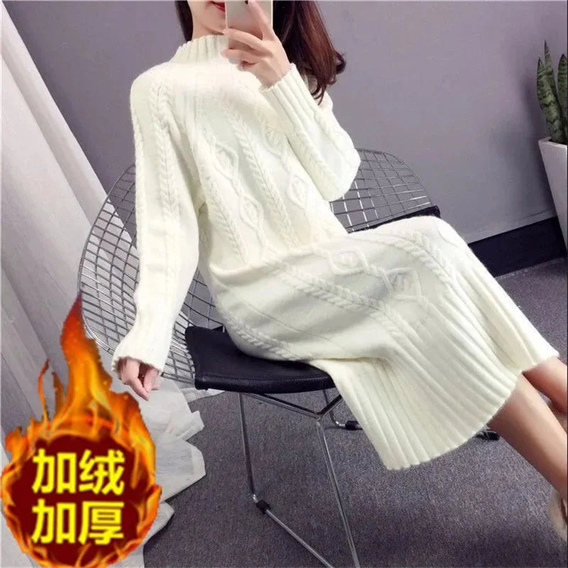 Khaki Thickened Half High Neck Sweater Dress for Women – Autumn Winter 2023 Korean Fashion Loose Thin Knit Long Dress