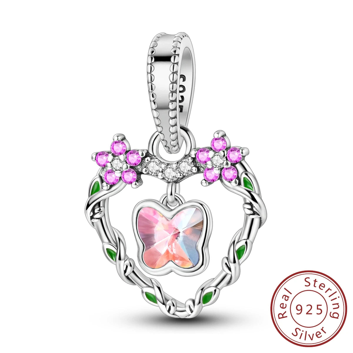 925 Sterling Silver Pink Zircon Heart Cross Charm | Fits Pandora Original Bracelet | Women’s Pendant DIY Jewelry Gift