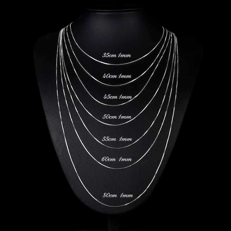 925 Sterling Silver Box Chain Necklace – Thin 1mm Solid Silver Chain for Women, Men & Kids (35–80cm)