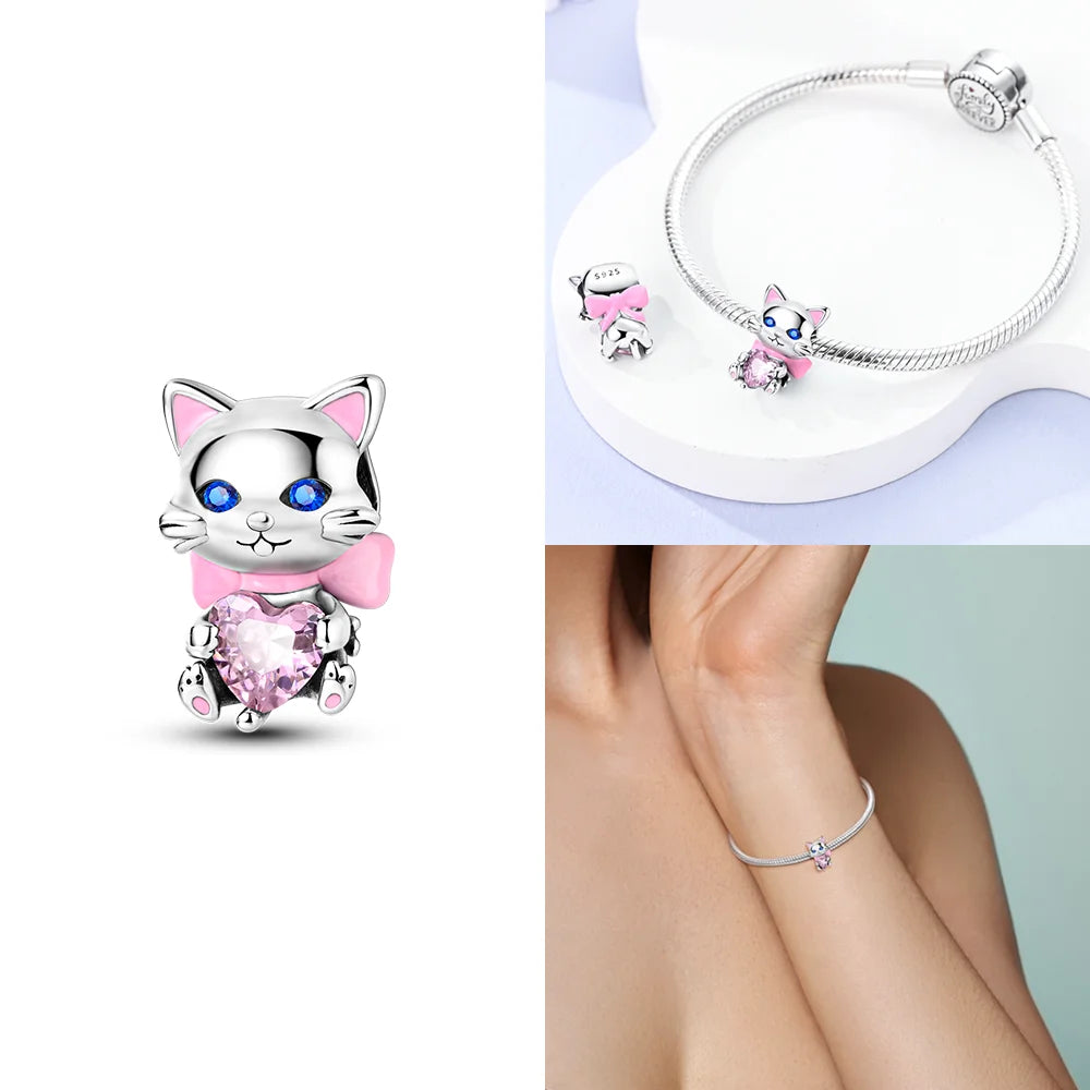 Original 925 Sterling Silver Pink Zircon Cat Dog Squirrel Red Heart Bead | Fit Bracelet Women DIY Jewelry Gift