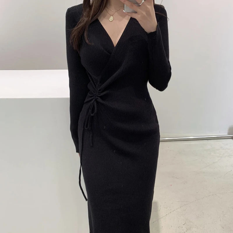 Chic V-ne Pleated Dstring Slimming Mid-length Wrap Body Knitted Dr Women's Sweater Dr Korean Sle High Waist A-line