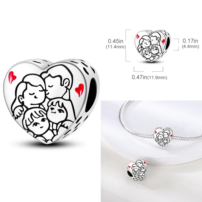 925 Sterling Silver Heart Shaped Warm Family Charm Beads Butterfly Flower Pendant