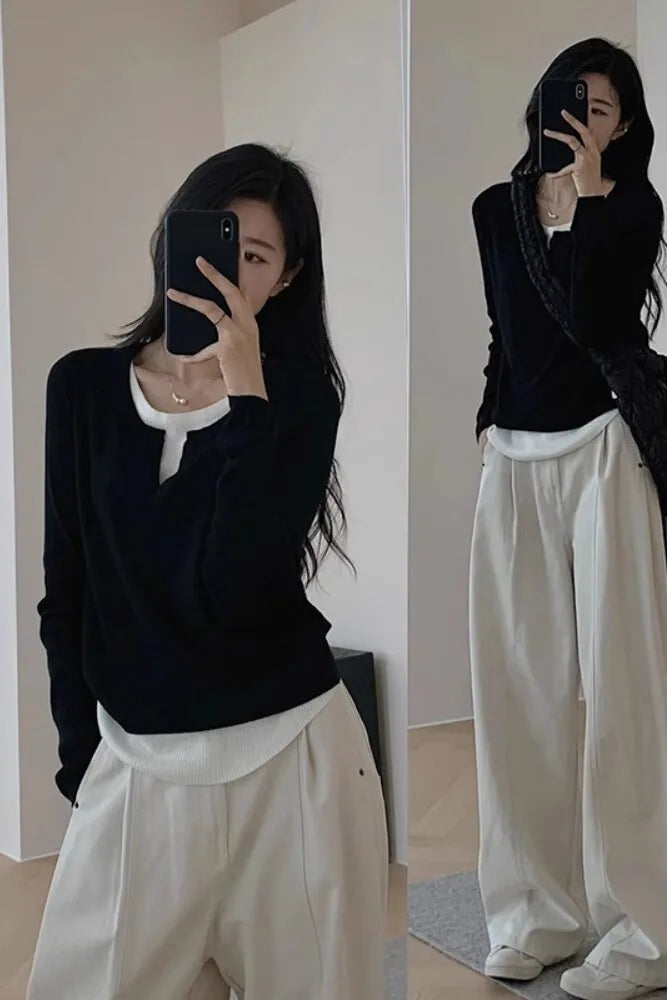 Slim Fit Geometric Knitted Long Sleeve T-Shirt – Korean Style Base Layer for Pear-Shaped Body | Autumn Wear