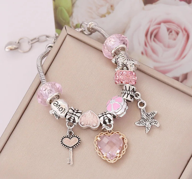 Trendy Colorful Pandora Lucky Rainbow Charm Bracelet | Four-Leaf Clover, Starfish & Heart Pendants
