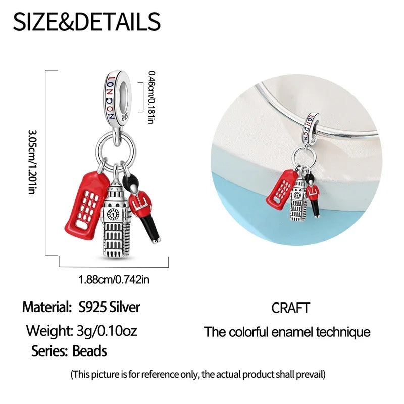 925 Sterling Silver London Red Telephone Booth & Soldier Charm | Souvenir Pendant Fit Original Bracelet | DIY Jewelry Gift